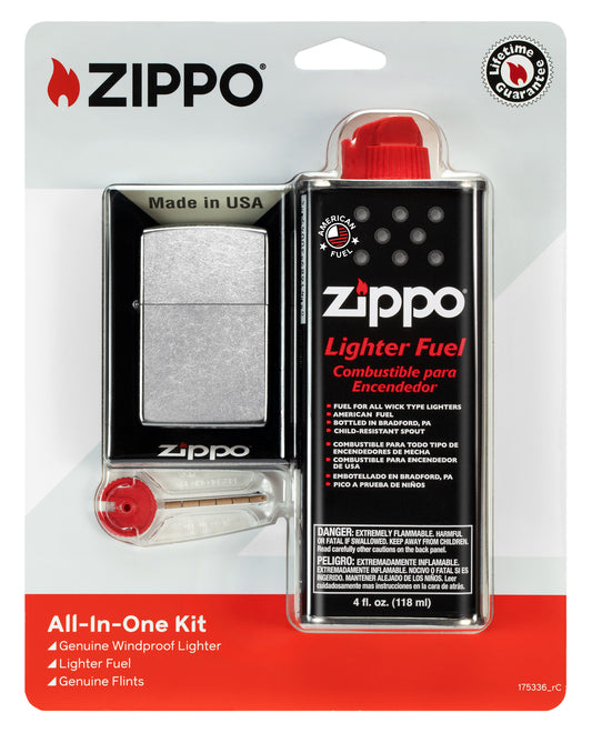 Zippo all-in-one gift set (fuel, flint, lighter) in packaging front view