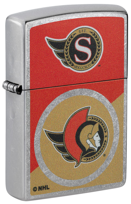 Front shot of Zippo NHL® Ottawa Senators® 2024 Street Chrome™ Windproof Lighter standing at a 3/4 angle.