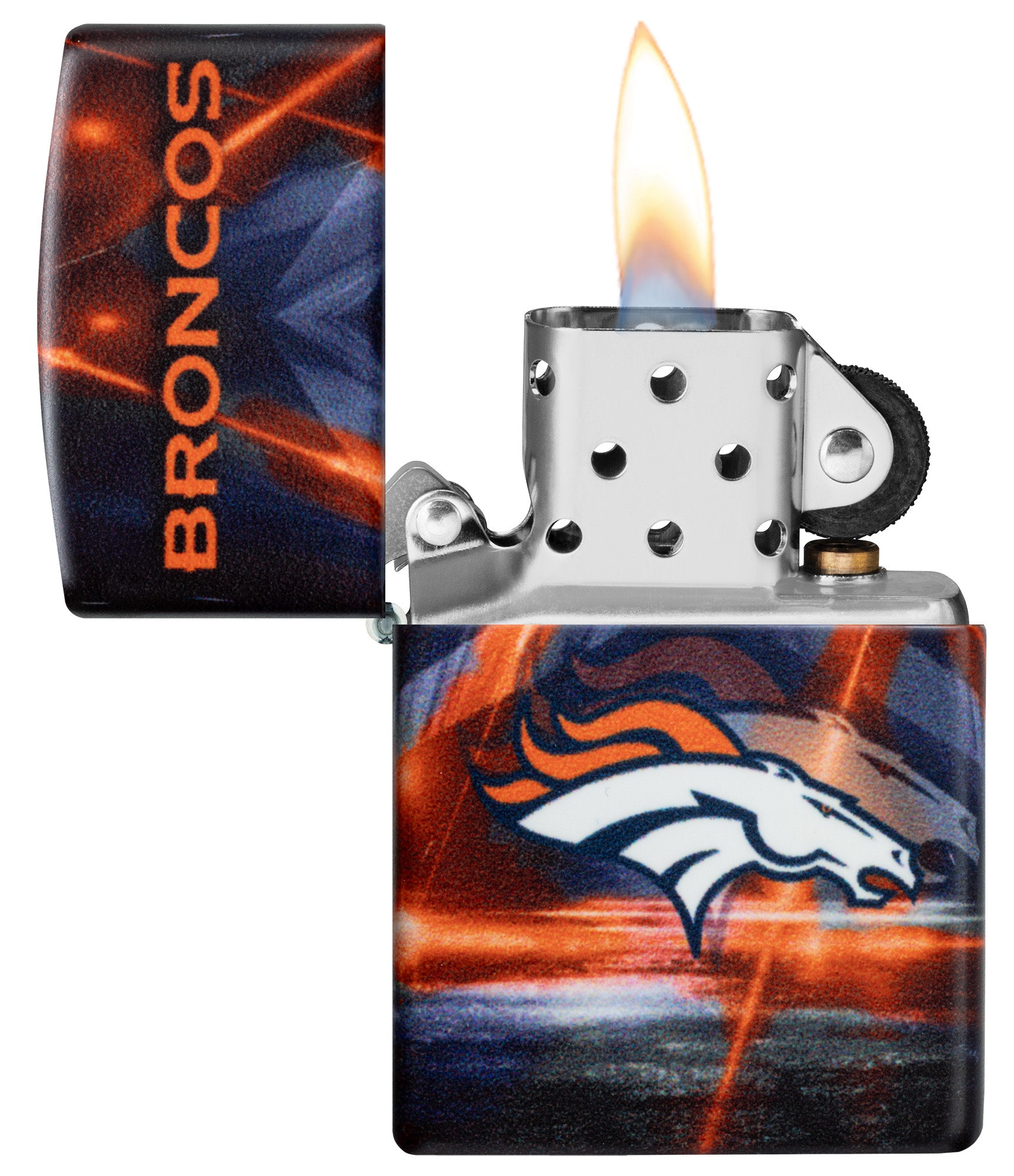 Zippo NFL Denver Broncos 540 Matte Windproof Lighter with its lid open and lit.