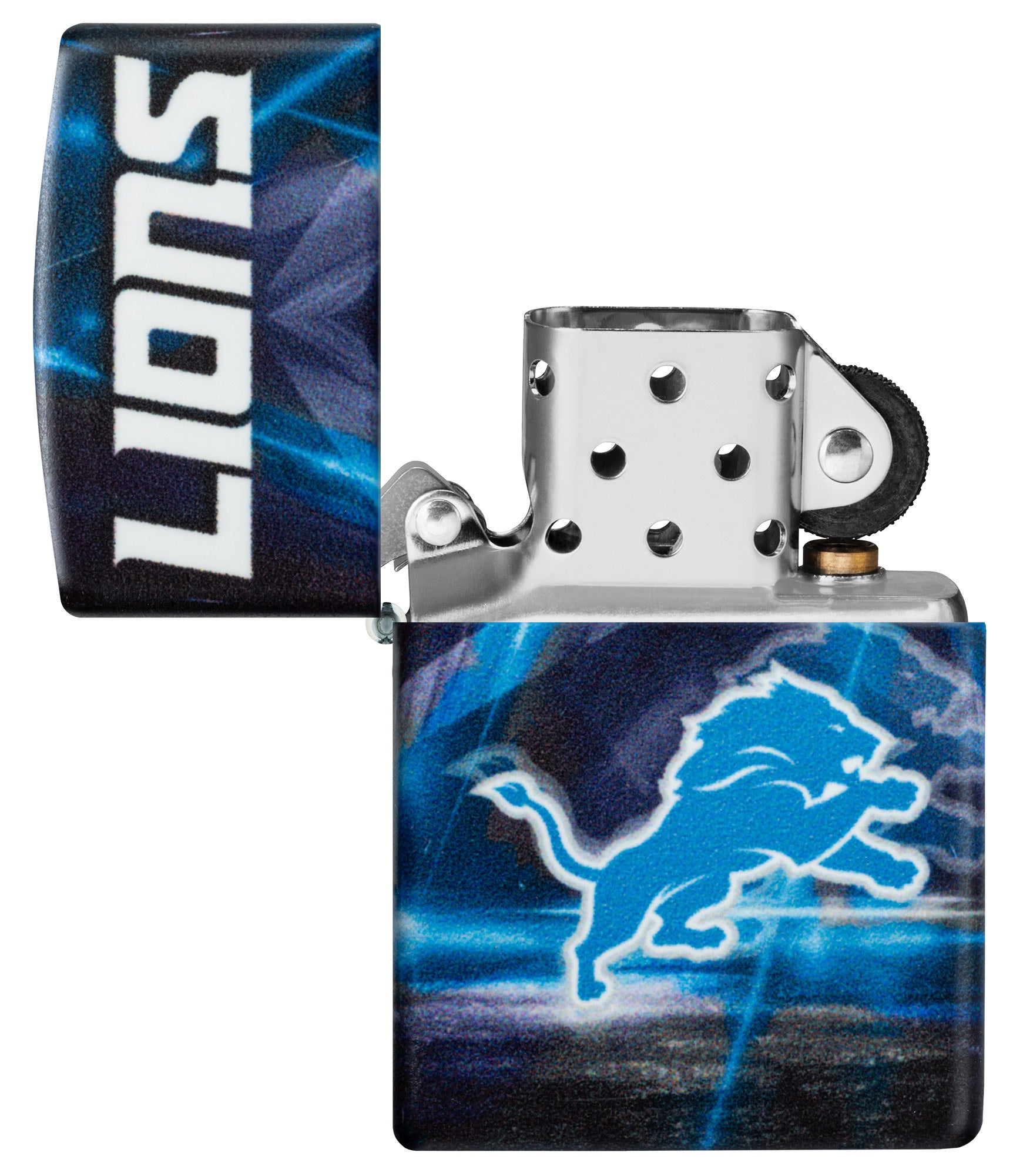 Zippo NFL Detroit Lions 540 Matte Windproof Lighter with its lid open and unlit.