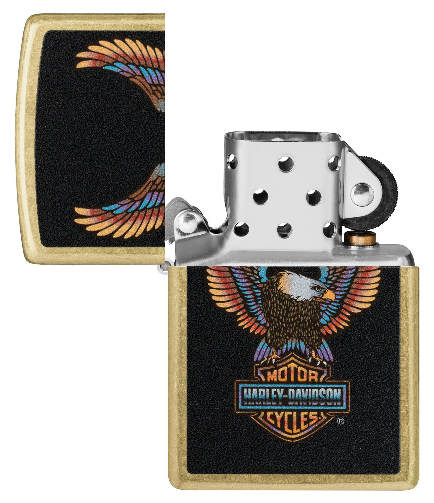 Zippo Harley-Davidson® Eagle Street Brass Windproof Lighter with its lid open and unlit.