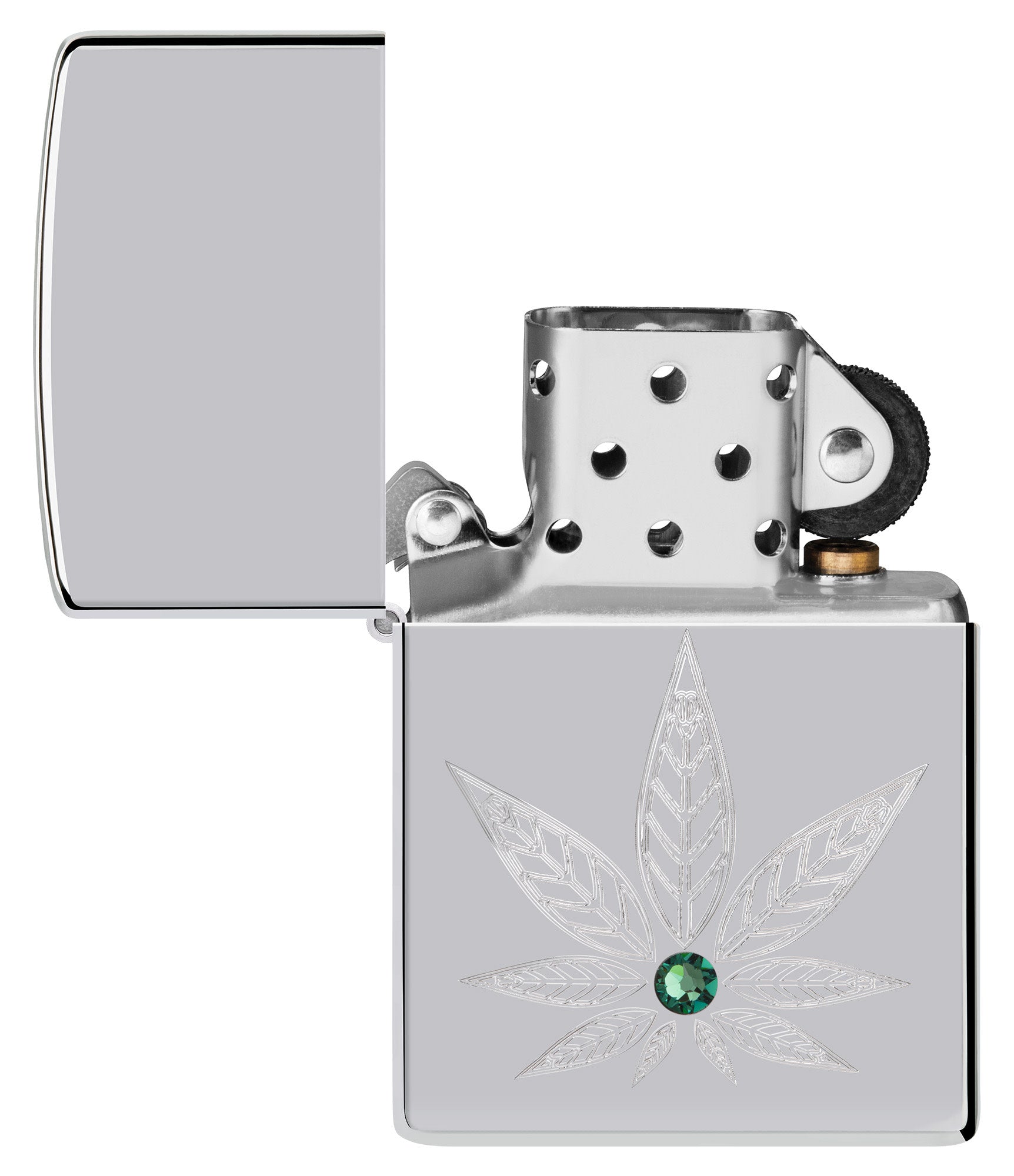 Zippo Cannabis Crystal Design High Polish Chrome Windproof Lighter with its lid open and unlit.