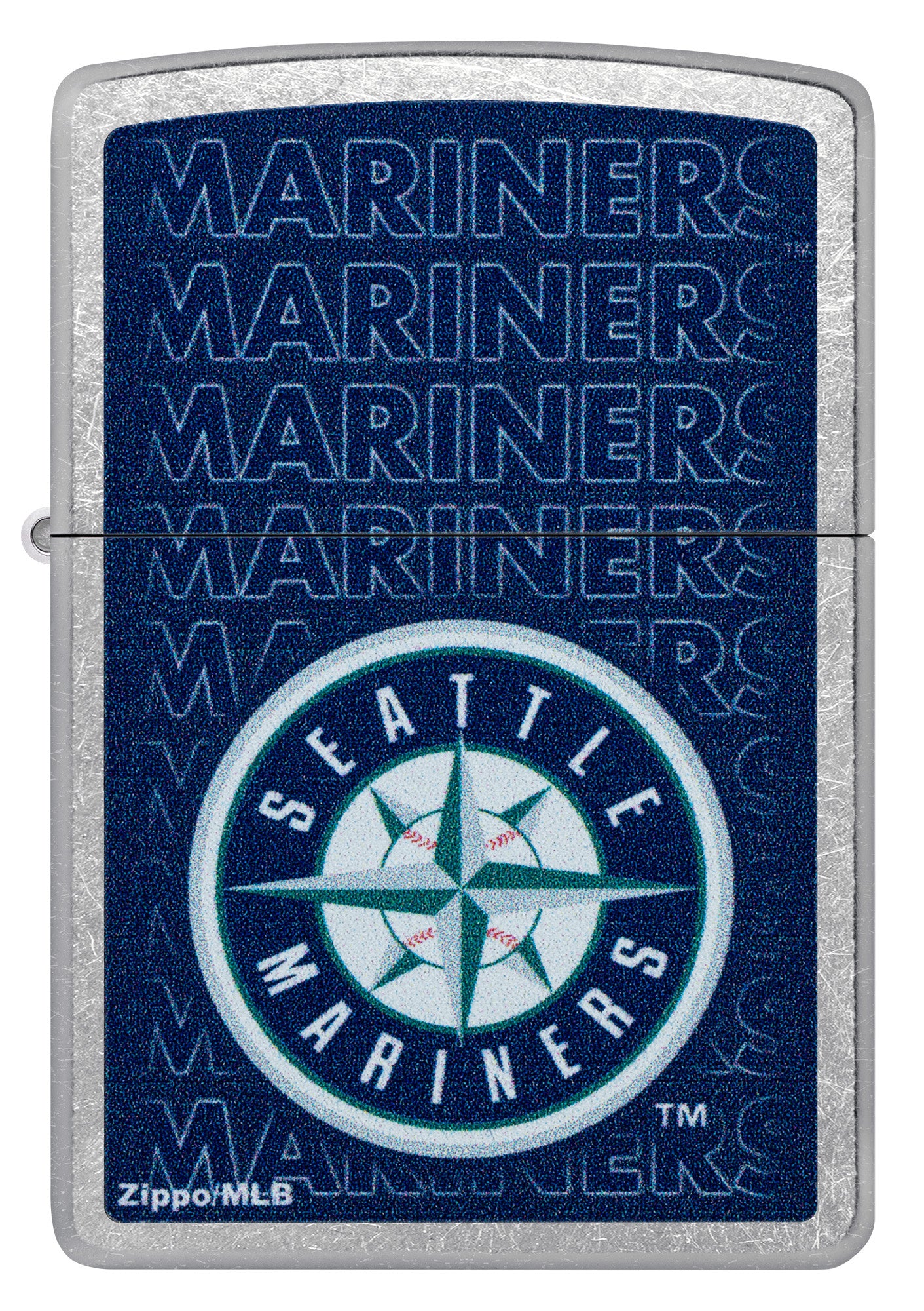 Front view of Zippo MLB® Seattle Mariners Street Chrome Windproof Lighter.