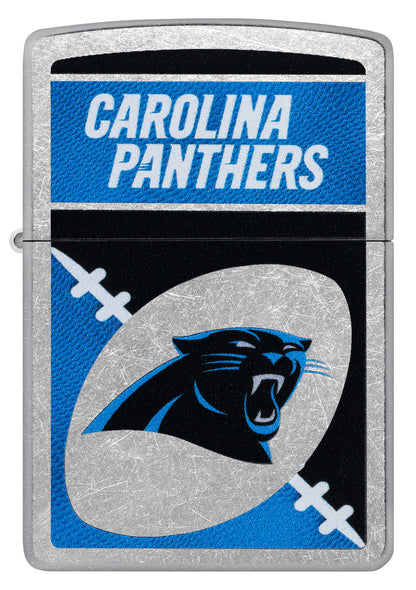 Front view of Zippo NFL Carolina Panthers Street Chrome Windproof Lighter.