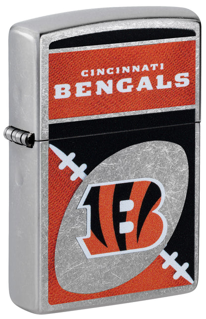 Front shot of Zippo NFL Cincinnati Bengals Street Chrome Windproof Lighter standing at a 3/4 angle.