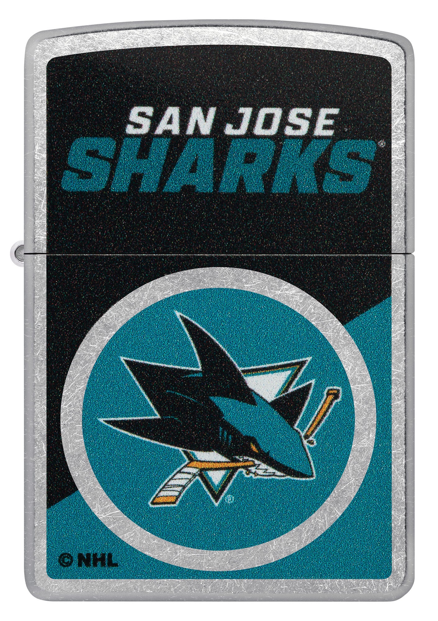 Zippo NHL® San Jose Sharks® 2024 Street Chrome™ Windproof Lighter with its lid open and lit.