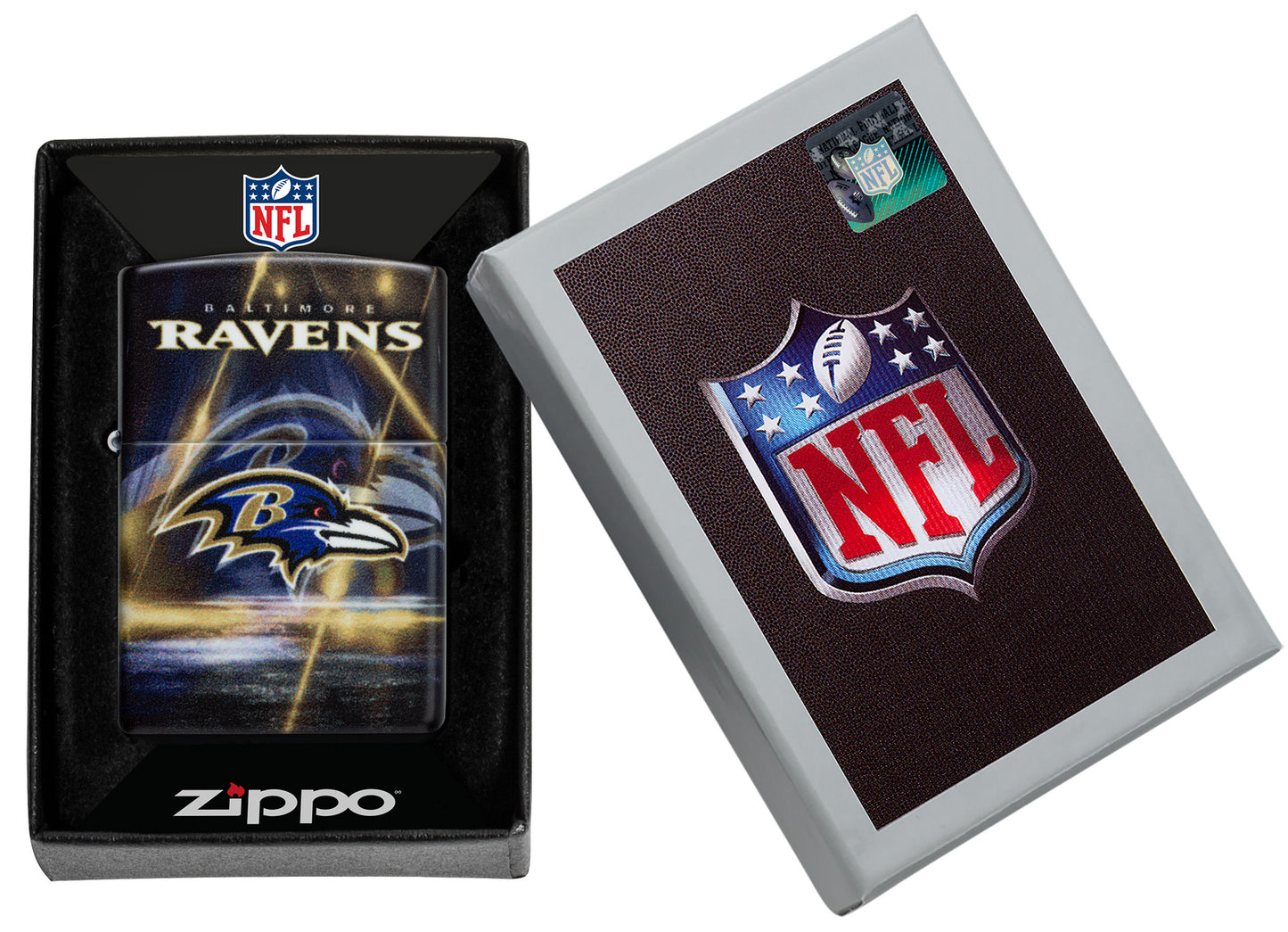 Zippo NFL Baltimore Ravens 540 Matte Windproof Lighter in its packaging.