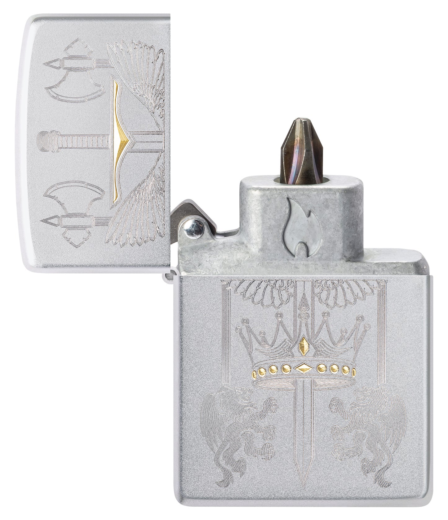 Sword Design Windproof Lighter with its lid open and showing the Bit Safe Screwdriver USA. 
