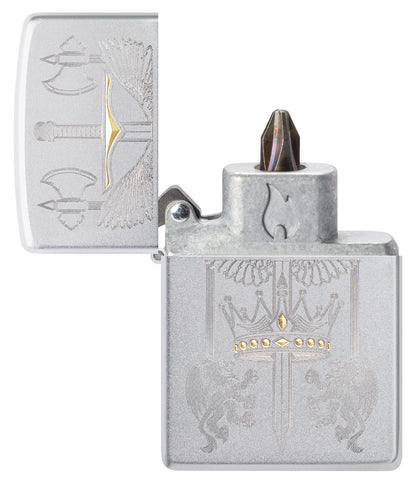Sword Design Windproof Lighter with its lid open and showing the Bit Safe Screwdriver USA. 