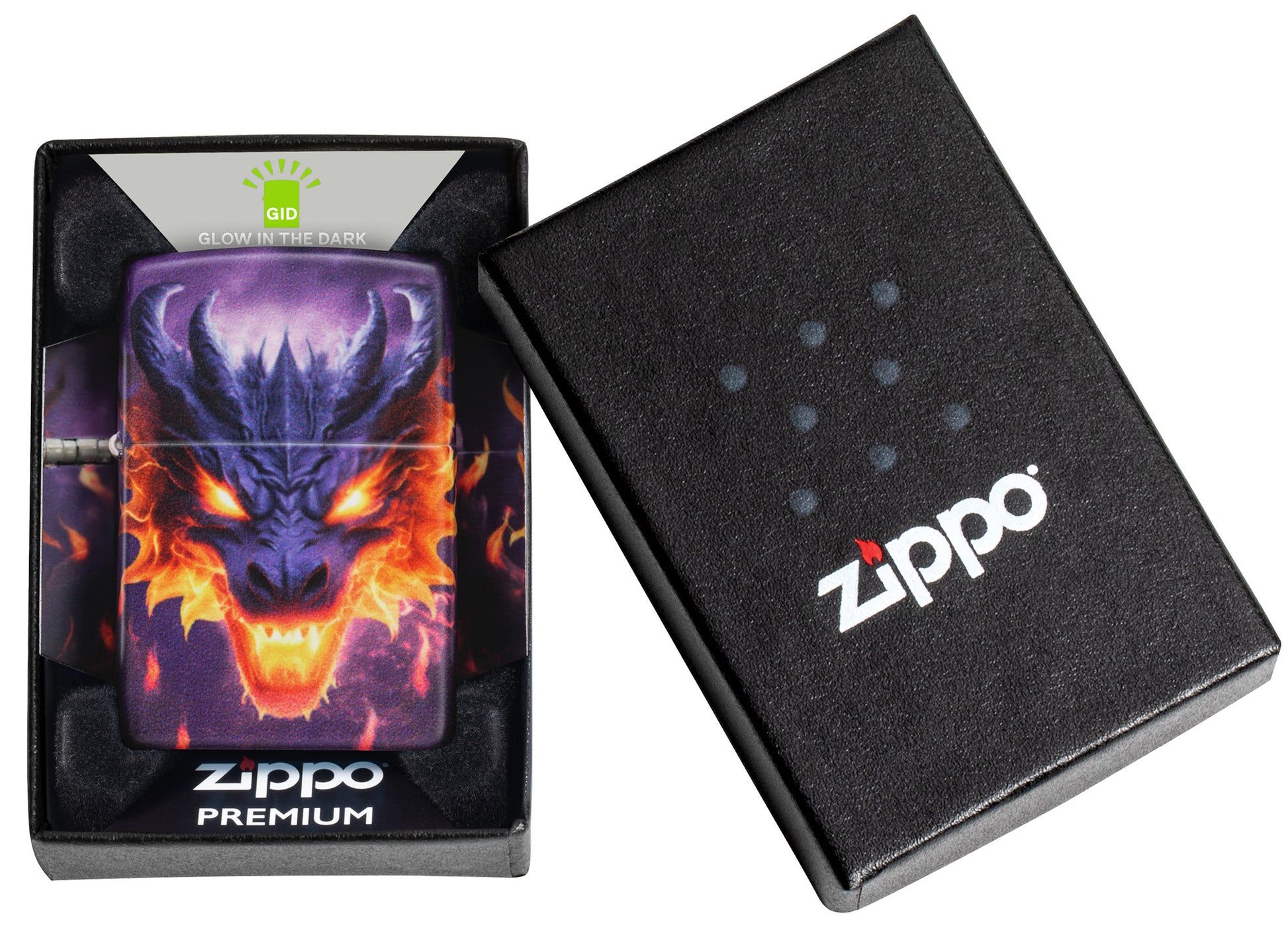 Zippo Glowing Dragon Design 540 Color Glow in the Dark Windproof Lighter in its packaging.