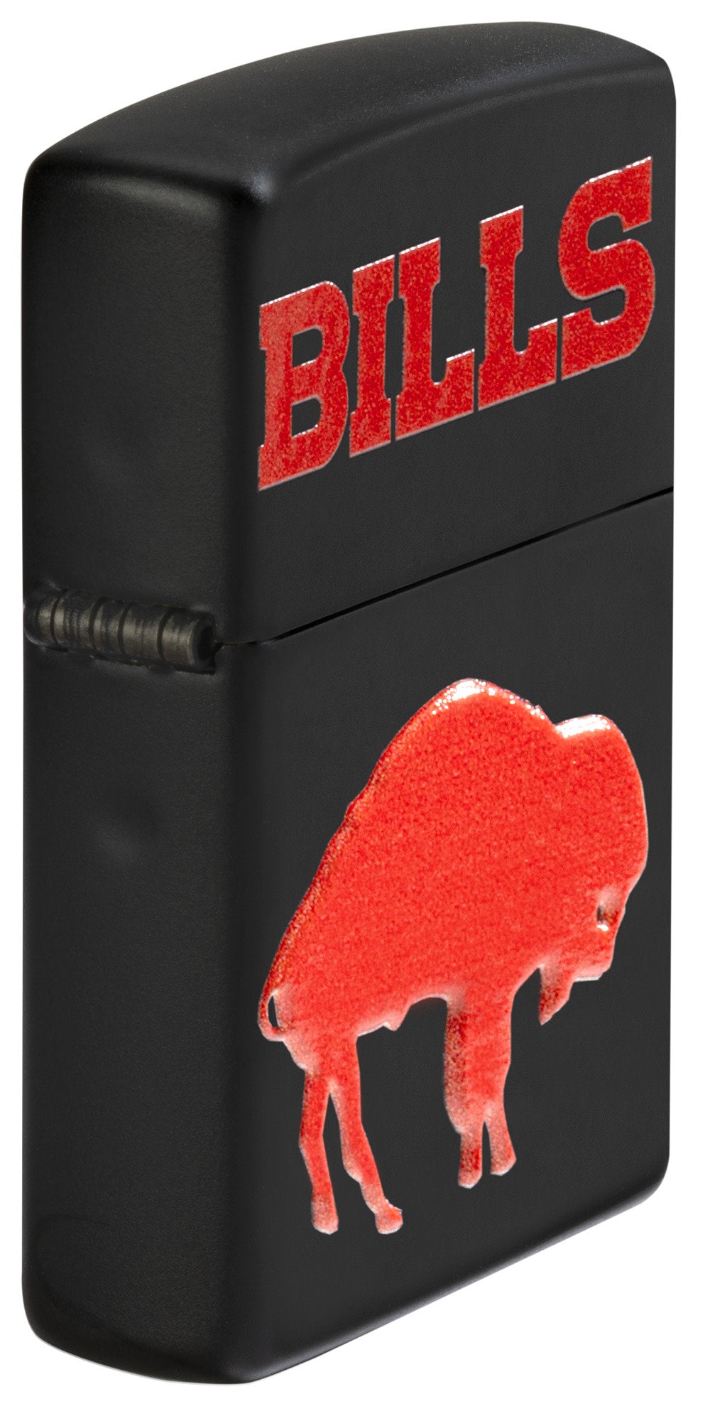 Angled shot of Zippo 2024 NFL Buffalo Bills Exclusive Black Matte Windproof Lighter showing the front and hinge side of the lighter.