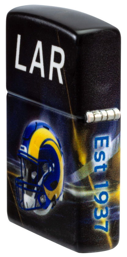 Angled shot of Zippo NFL Los Angeles Rams 540 Matte Windproof Lighter showing the back and hinge sides of the lighter.