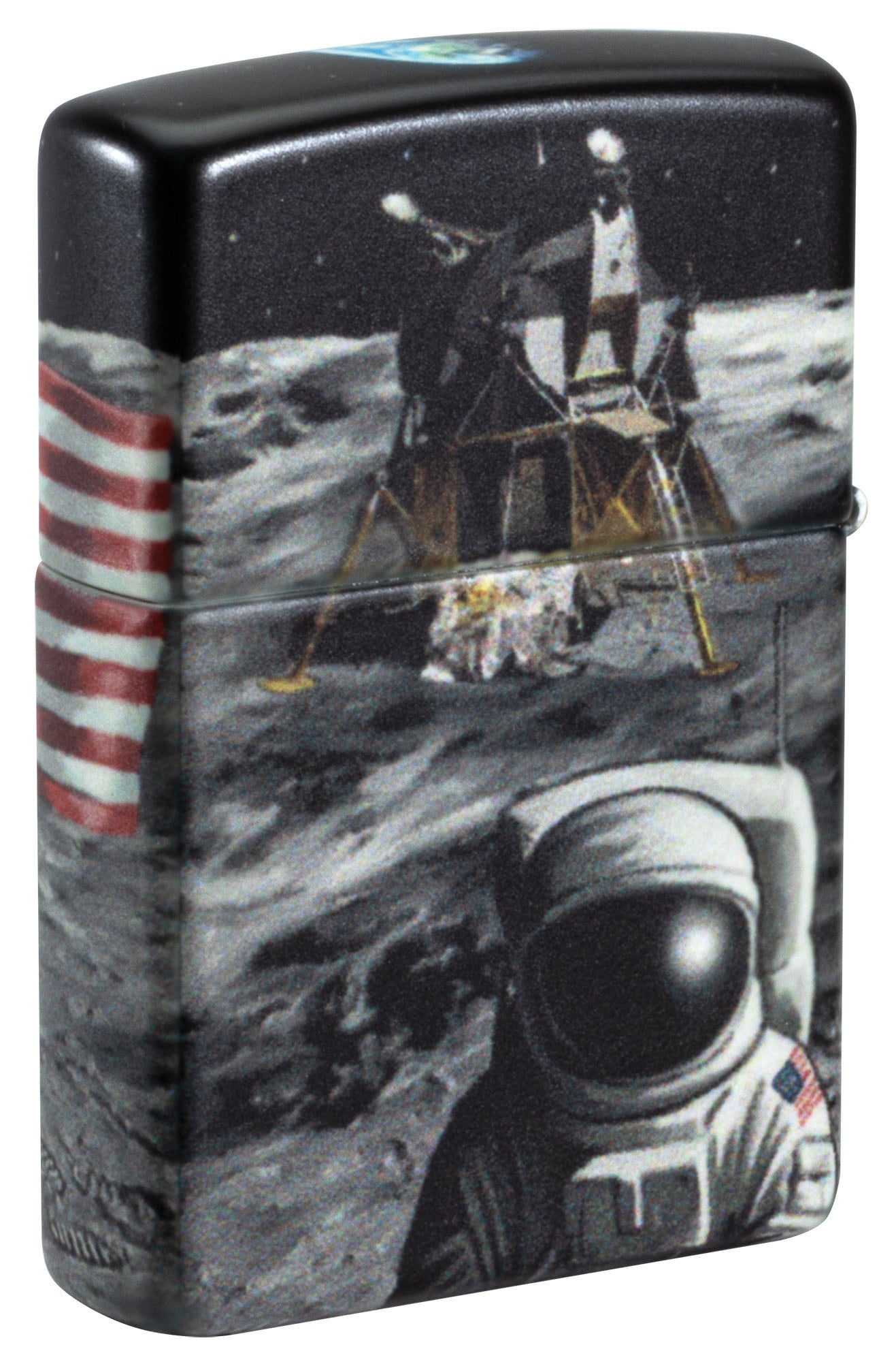 Back shot of Zippo Moon Landing Design Glow in the Dark Windproof Lighter standing at a 3/4 angle.