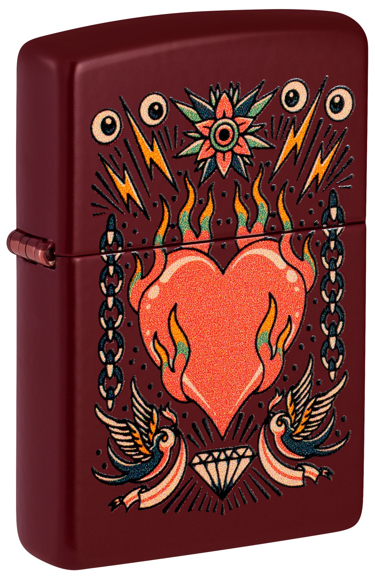 Front shot of Zippo Tattoo Heart Design Merlot Windproof Lighter standing at a 3/4 angle.