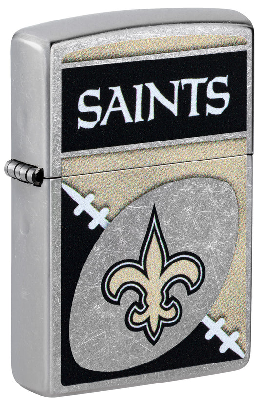 Front shot of Zippo NFL New Orleans Saints Street Chrome Windproof Lighter standing at a 3/4 angle.