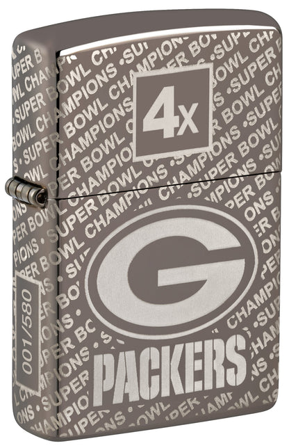 Front shot of Zippo NFL Green Bay Packers Super Bowl Commemorative Armor Black Ice Windproof Lighter standing at a 3/4 angle.