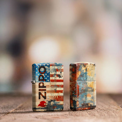 Lifestyle image of two Zippo Flag Design 540 Matte Windproof Lighters standing on a sandy wooden surface. One showing the front and hinge side of the lighter while the other is showing the back and non-hinge side of the lighter with an out of focus background. 

