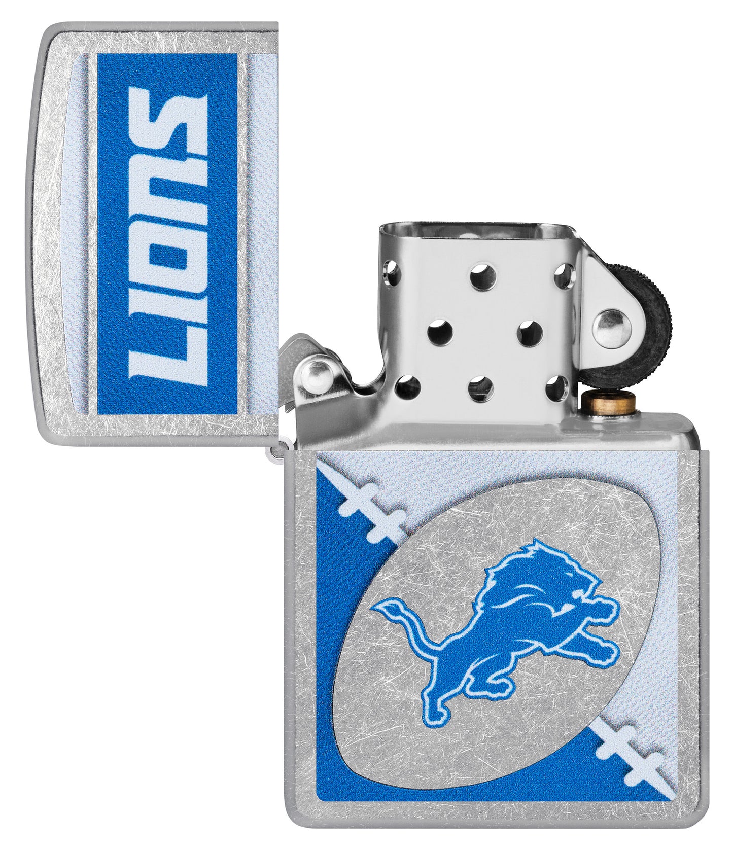 Zippo NFL Detroit Lions Street Chrome Windproof Lighter with its lid open and unlit.