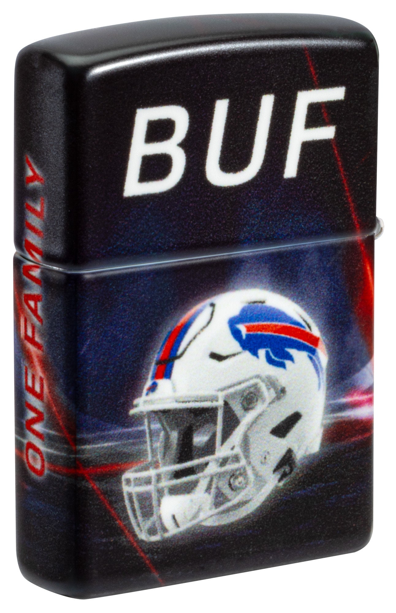 Back shot of Zippo NFL Buffalo Bills 540 Matte Windproof Lighter standing at a 3/4 angle.