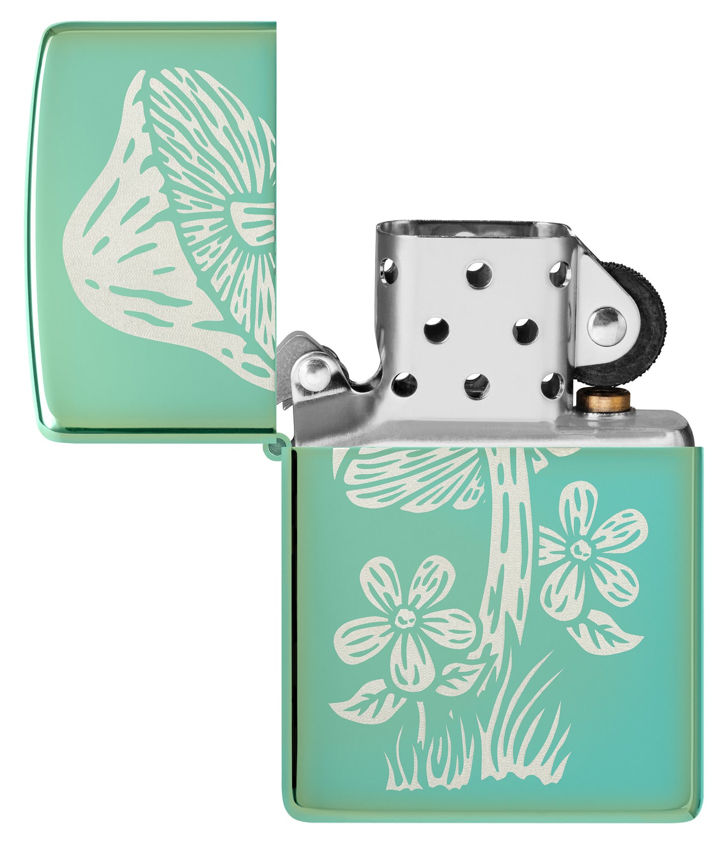 Zippo Mushroom Design High Polish Green Windproof Lighter with its lid open and unlit.