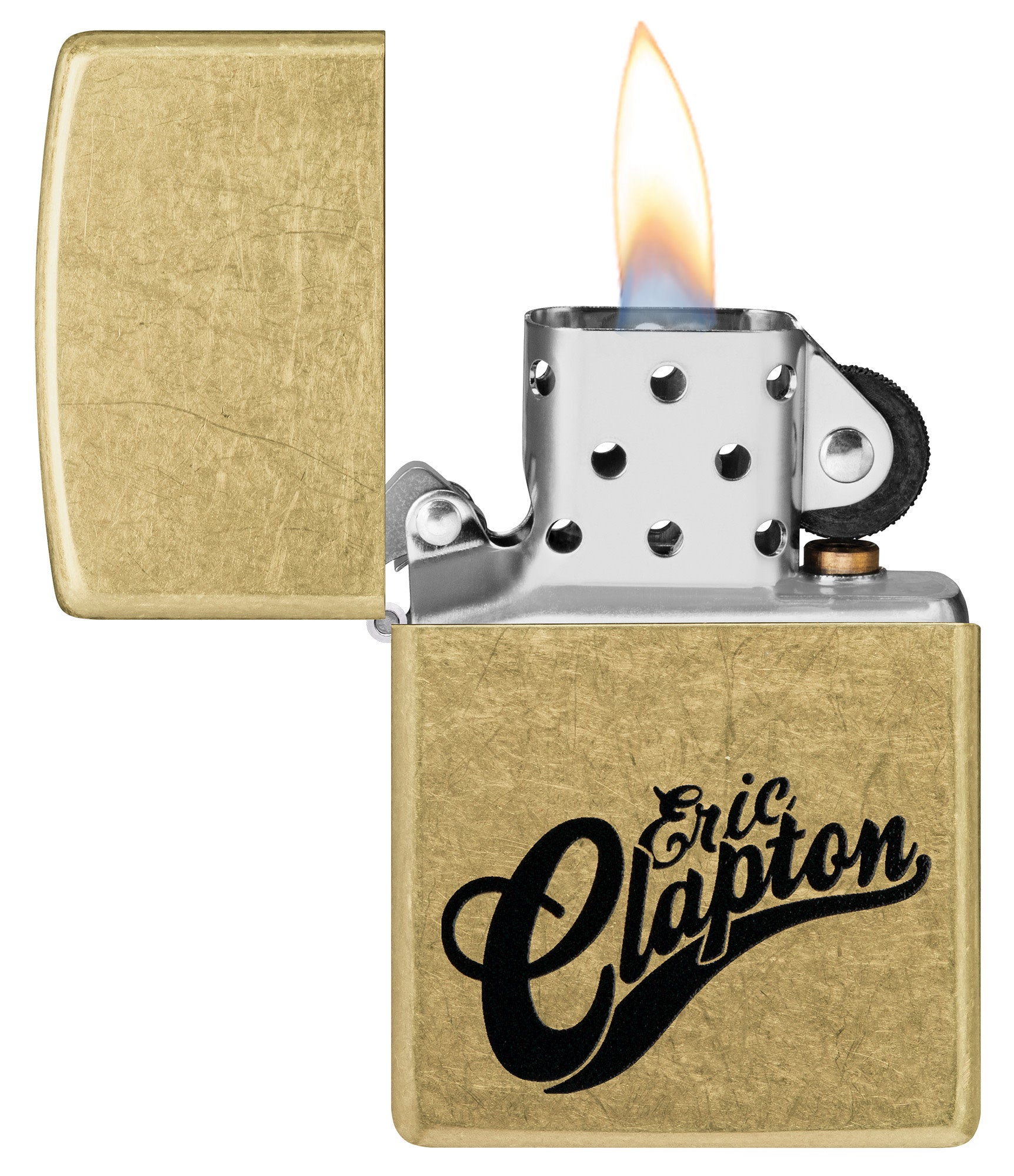 Zippo Eric Clapton Reg Street Brass Windproof Lighter with its lid open and lit.