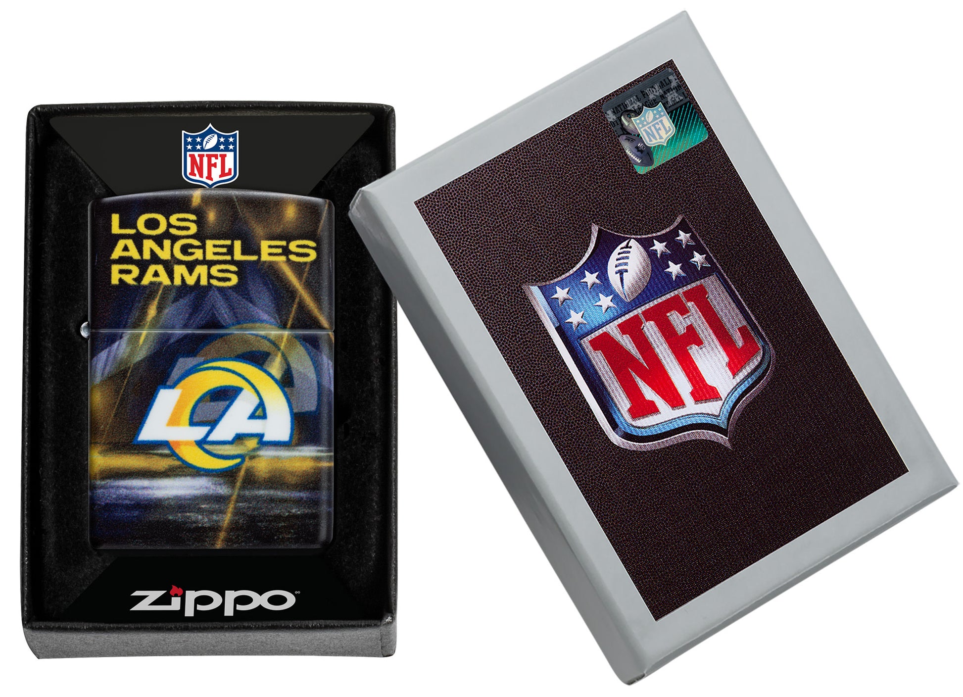 Zippo NFL Los Angeles Rams 540 Matte Windproof Lighter in its packaging.