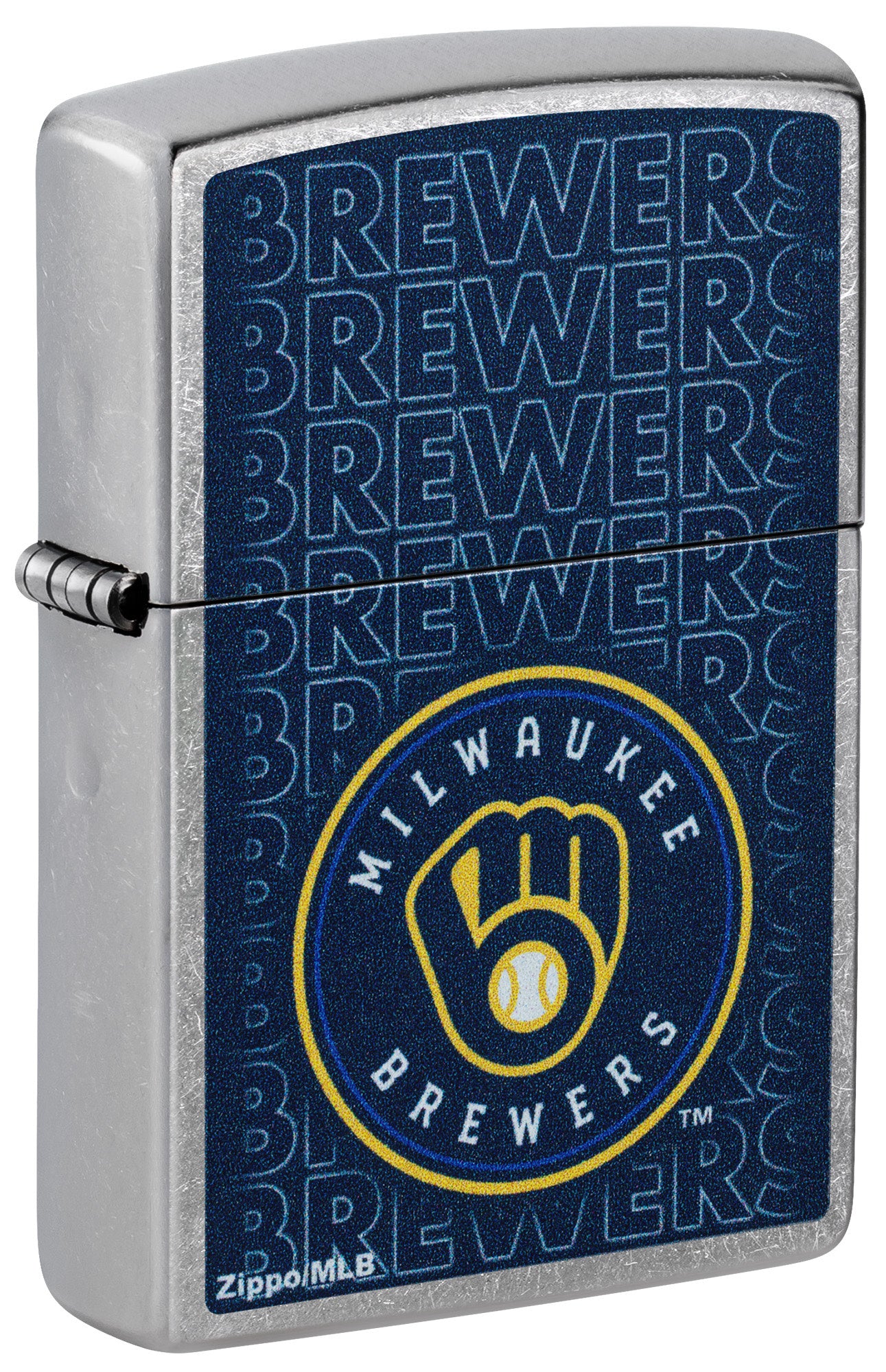 Front shot of Zippo MLB® Milwaukee Brewers Street Chrome Windproof Lighter standing at a 3/4 angle.