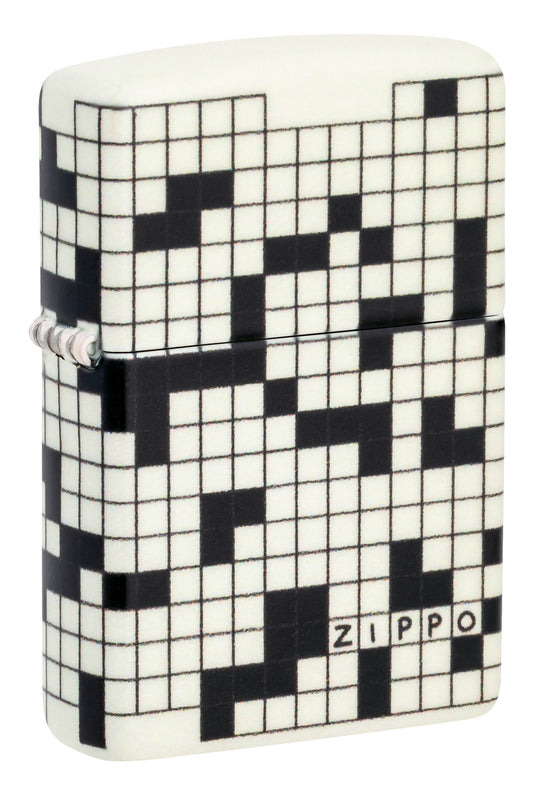 Front shot of Zippo Crossword Design 540 Color Glow in the Dark Windproof Lighter standing at a 3/4 angle.