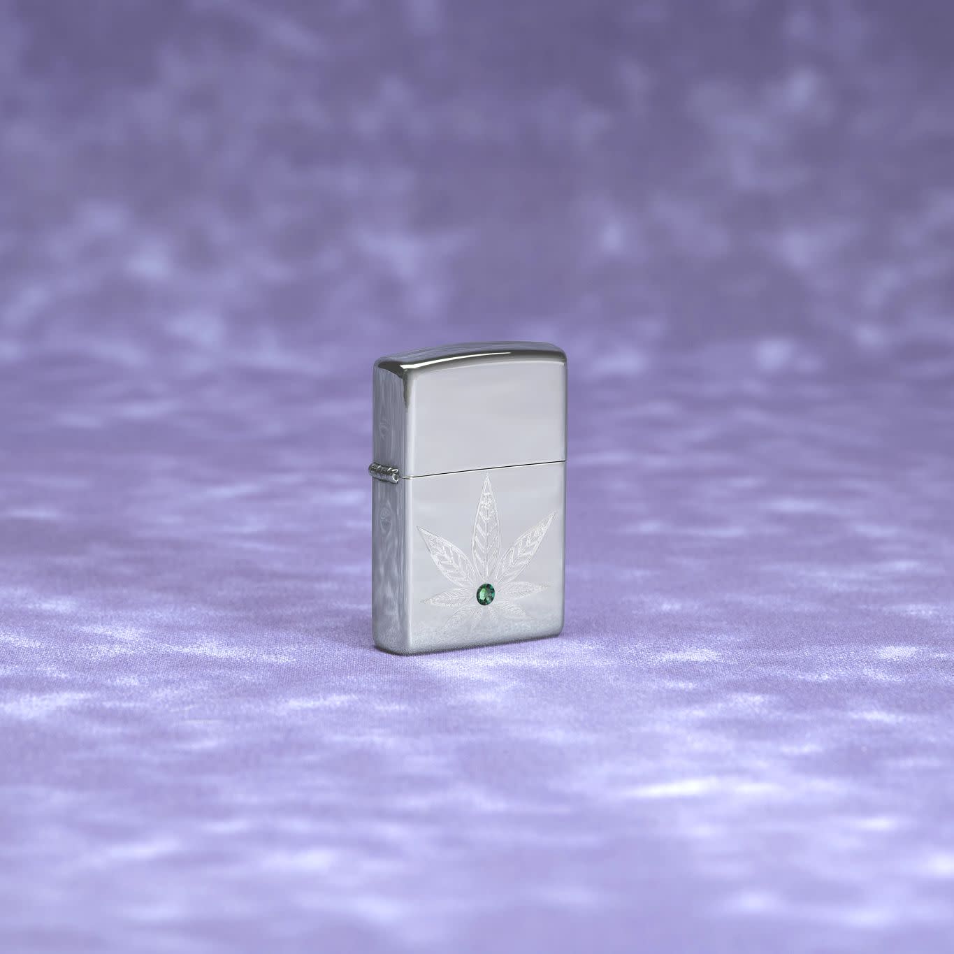 Lifestyle image of Zippo Cannabis Crystal Design High Polish Chrome Windproof Lighter standing on a textured purple background.