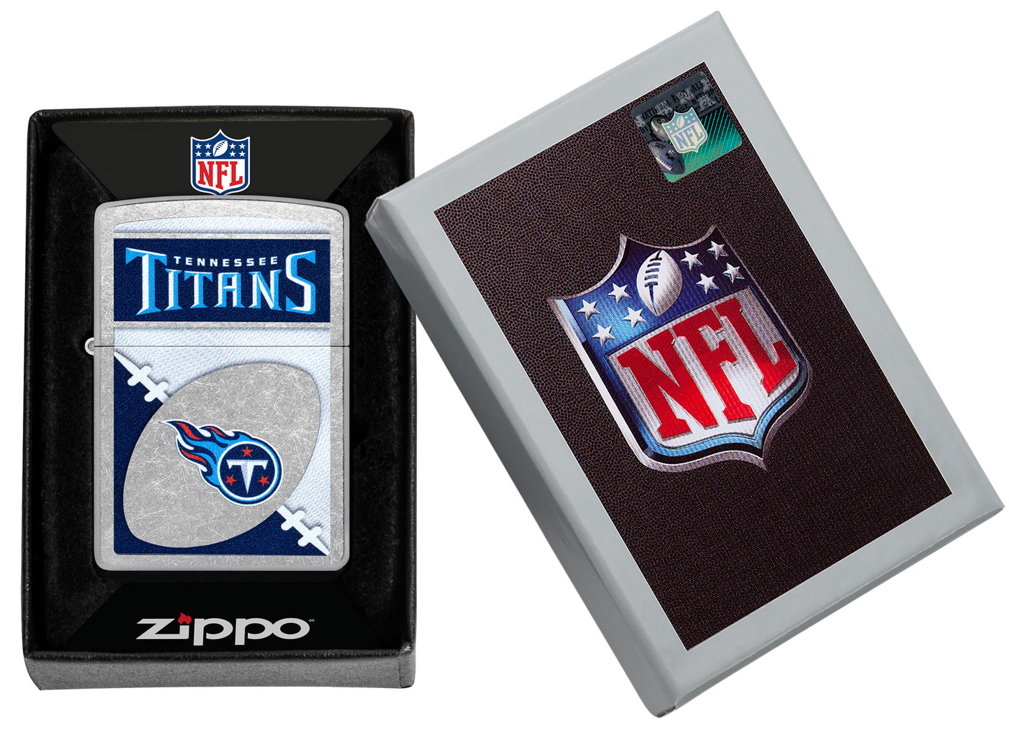 Zippo NFL Tennessee Titans Street Chrome Windproof Lighter in its packaging.