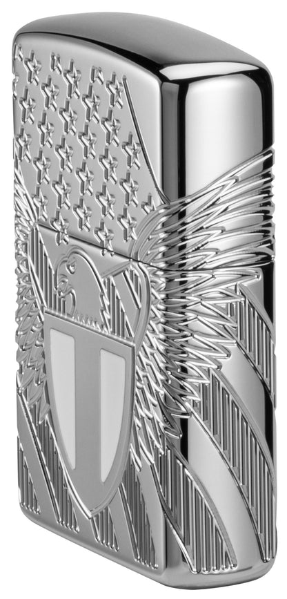 Angled shot of Zippo Liberty Crest Collectible Armor® High Polish Chrome Windproof Lighter showing the front and right side of the lighter.