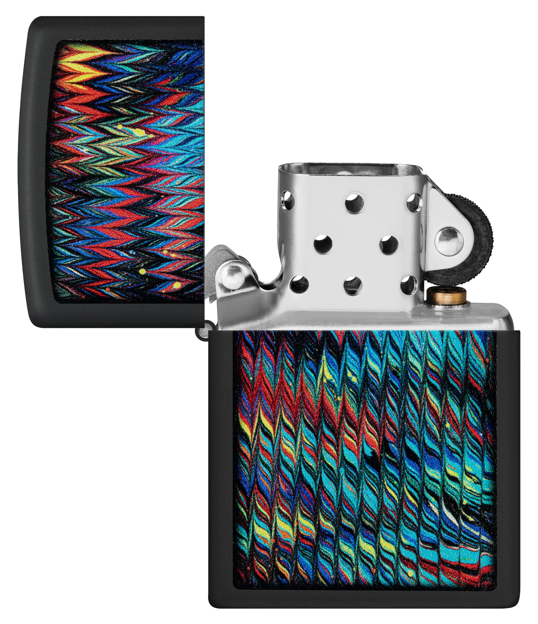 Zippo Paint Pour Design Black Matte Windproof Lighter with its lid open and unlit.
