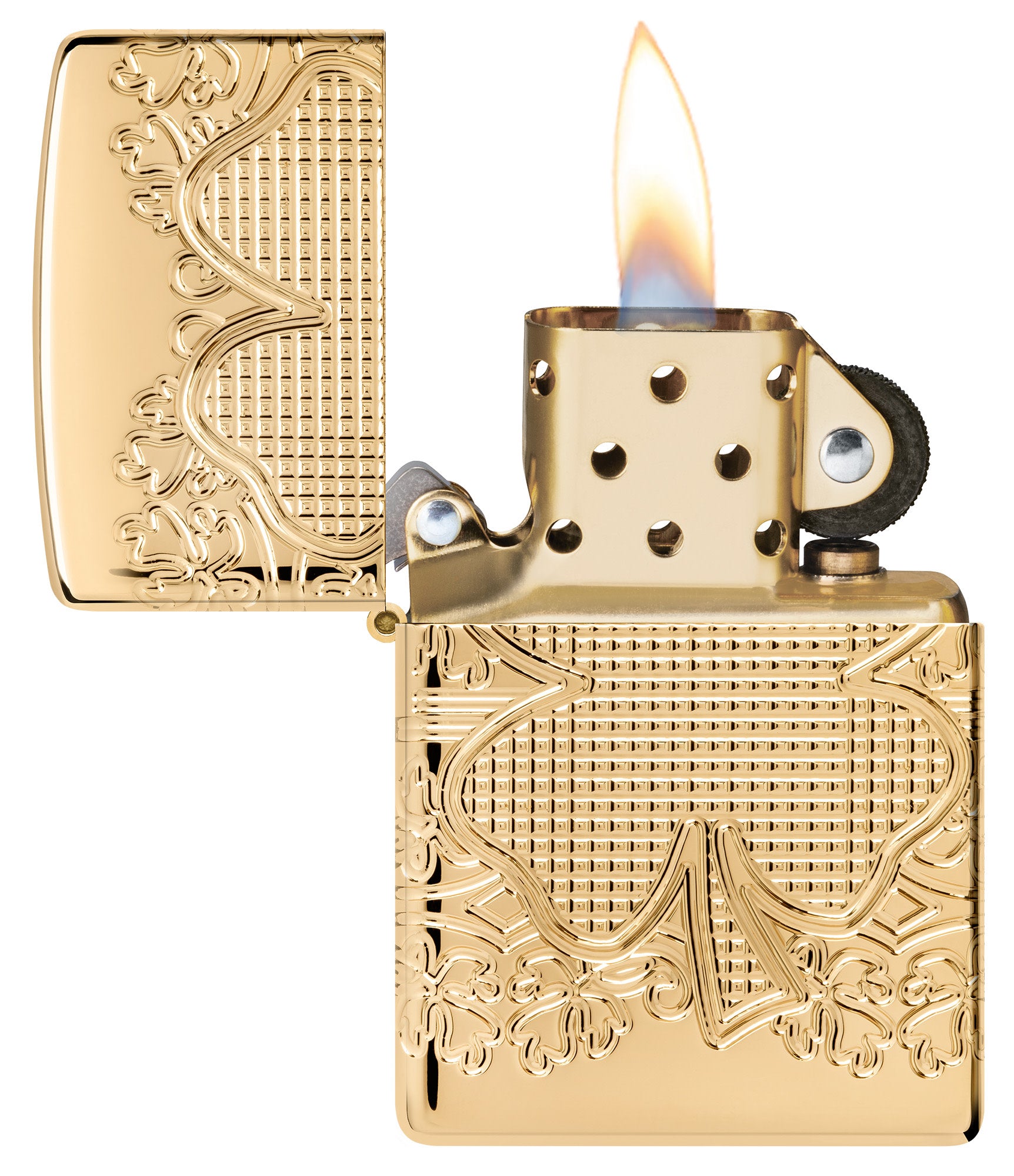 Zippo Lucky Clover Design Armor® High Polish Gold Plate Windproof Lighter with its lid open and lit.