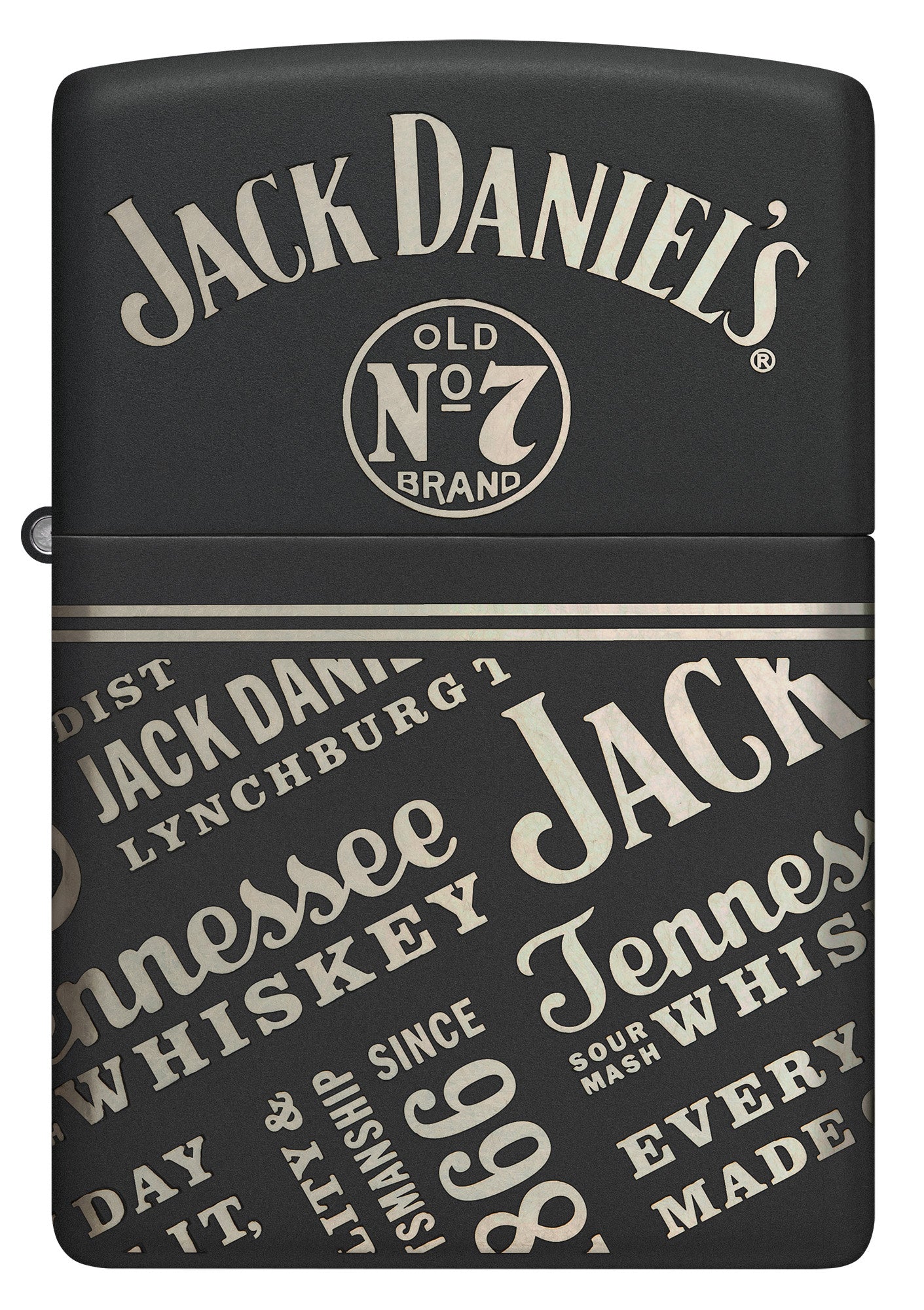 Front view of Zippo Jack Daniel's® Every Drop Design Regular Media Chrome Black Matte Windproof Lighter.