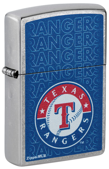 Front shot of Zippo MLB® Texas Rangers Street Chrome Windproof Lighter standing at a 3/4 angle.