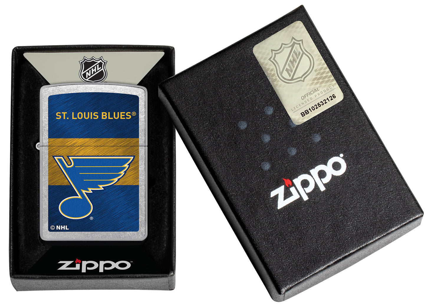 NHL® St Louis Blues Street Chrome™ Windproof Lighter in its packaging