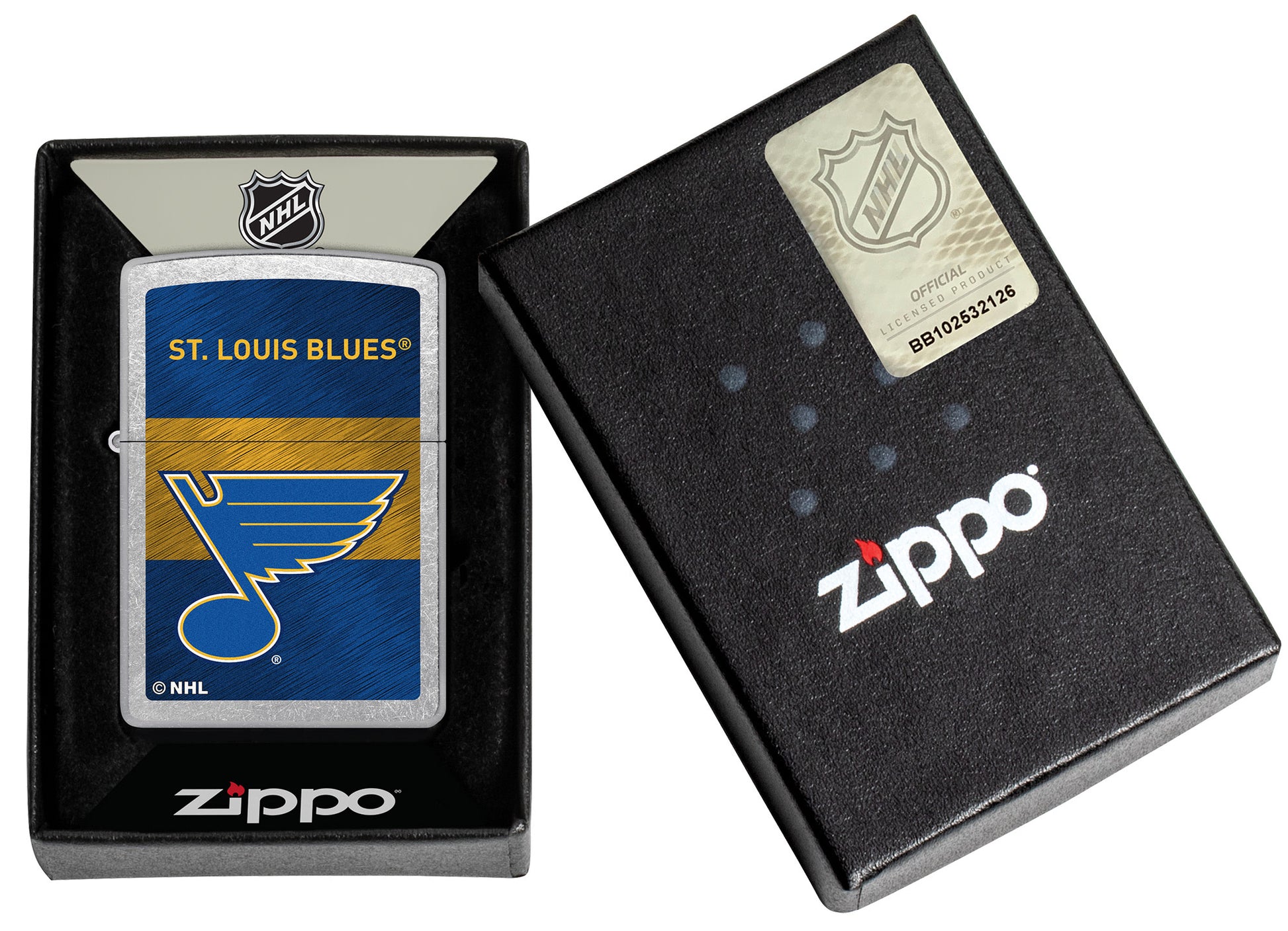 NHL® St Louis Blues Street Chrome™ Windproof Lighter in its packaging
