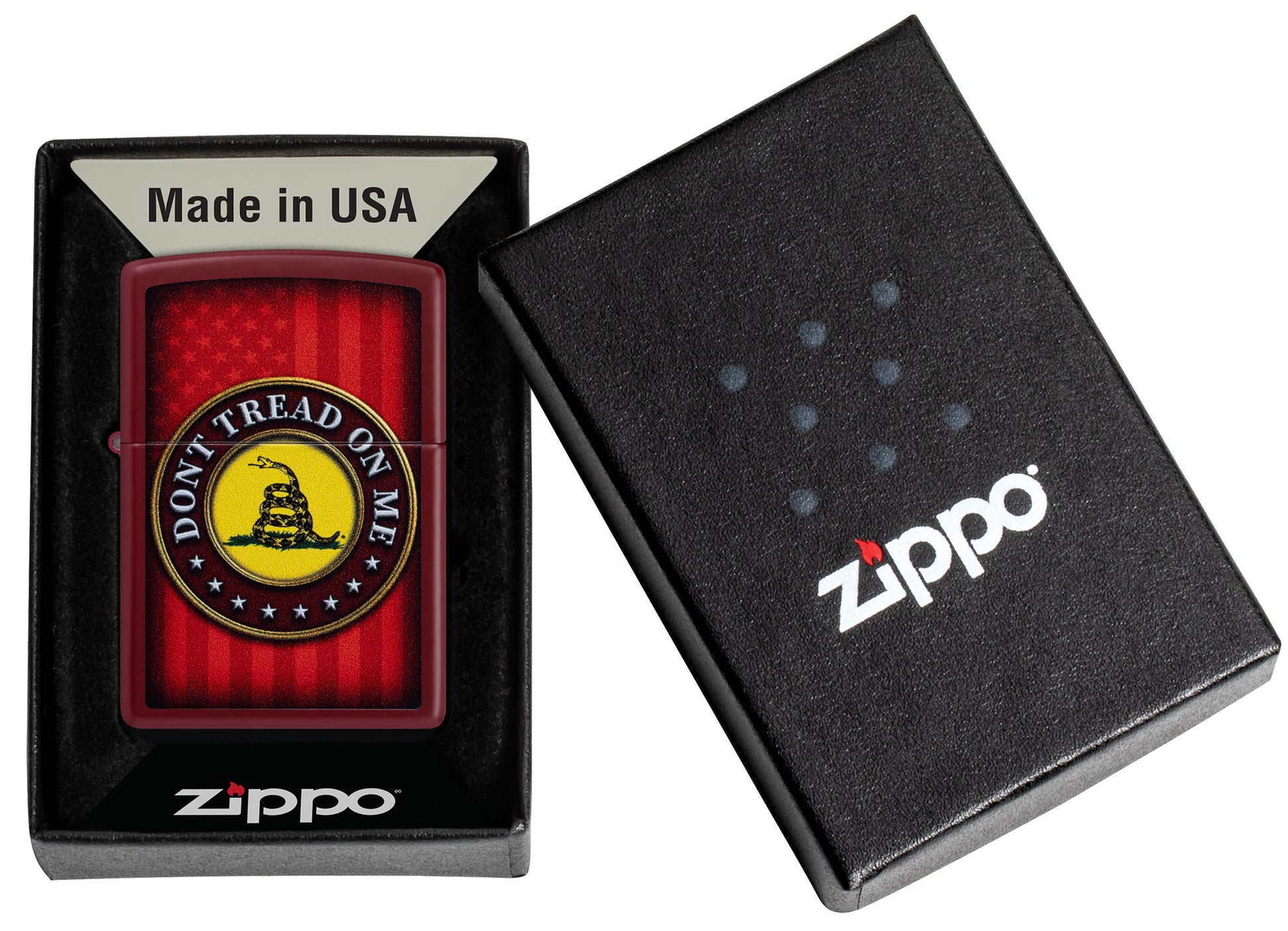 Zippo Dont Tread on Me® Merlot Windproof Lighter in its packaging.