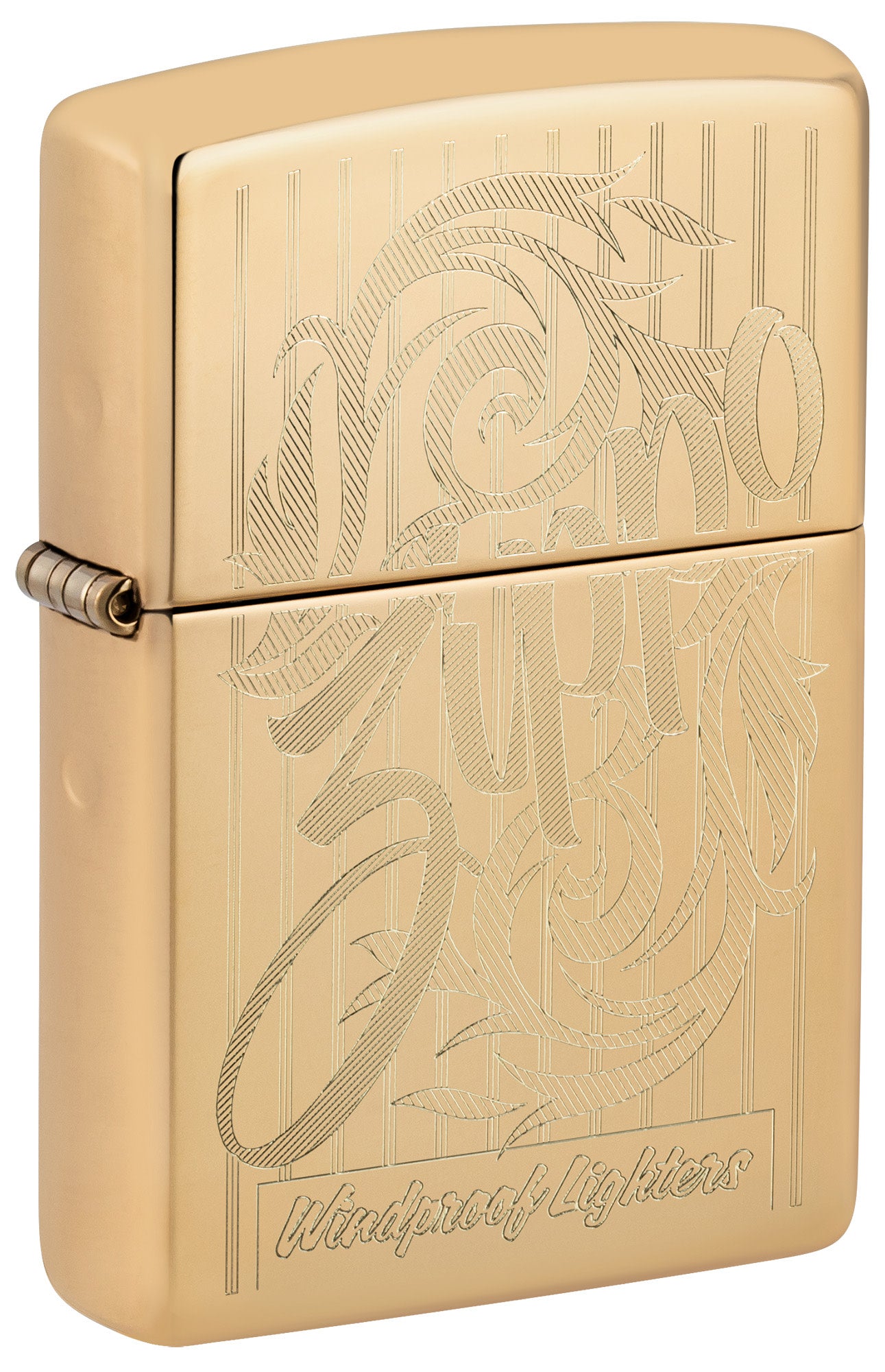 Front shot of Zippo Swirling Filigree Design High Polish Brass Windproof Lighter standing at a 3/4 angle.