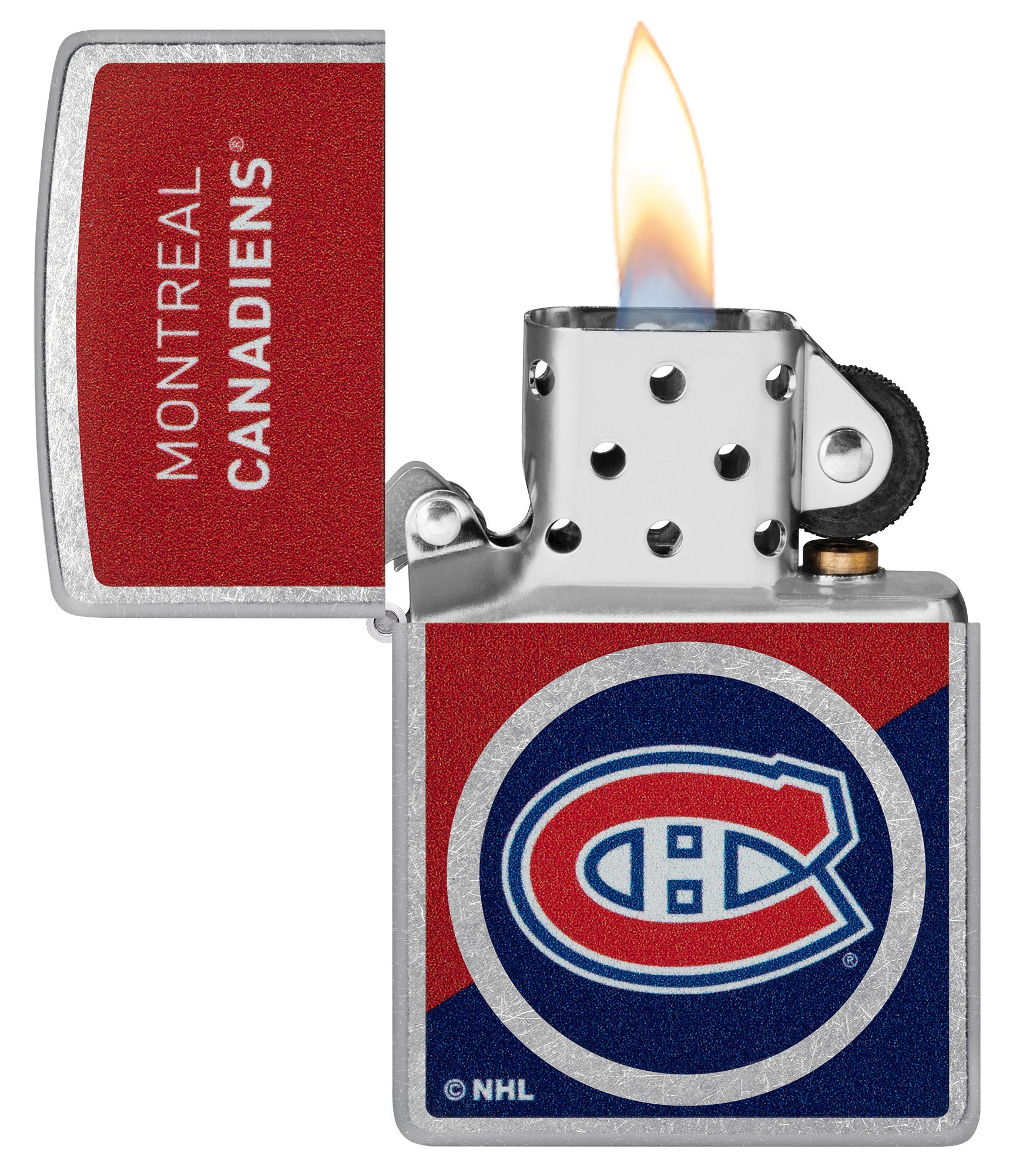 Zippo NHL® Montreal Canadiens® 2024 Street Chrome™ Windproof Lighter with its lid open and unlit.