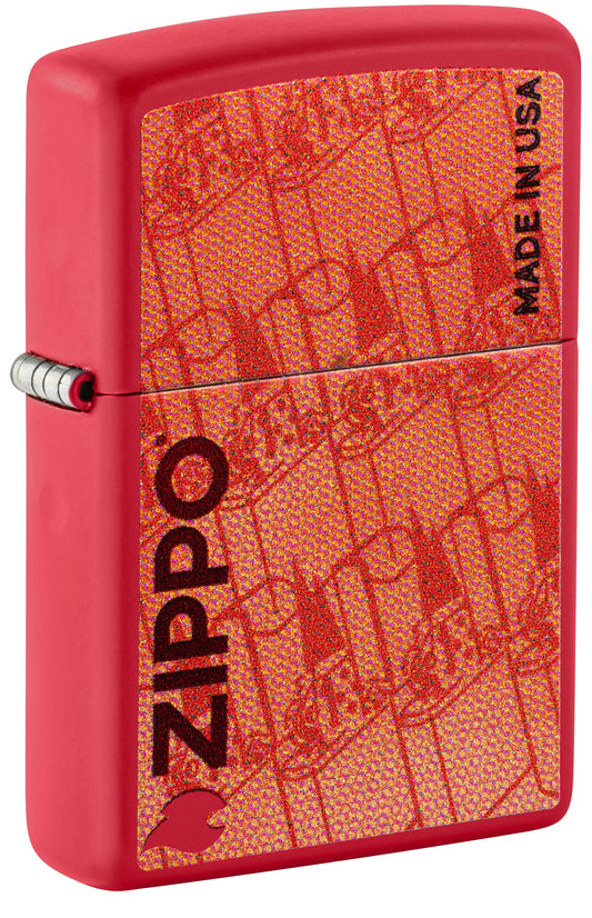 Front shot of Zippo Made in USA Design Red Matte Windproof Lighter standing at a 3/4 angle.