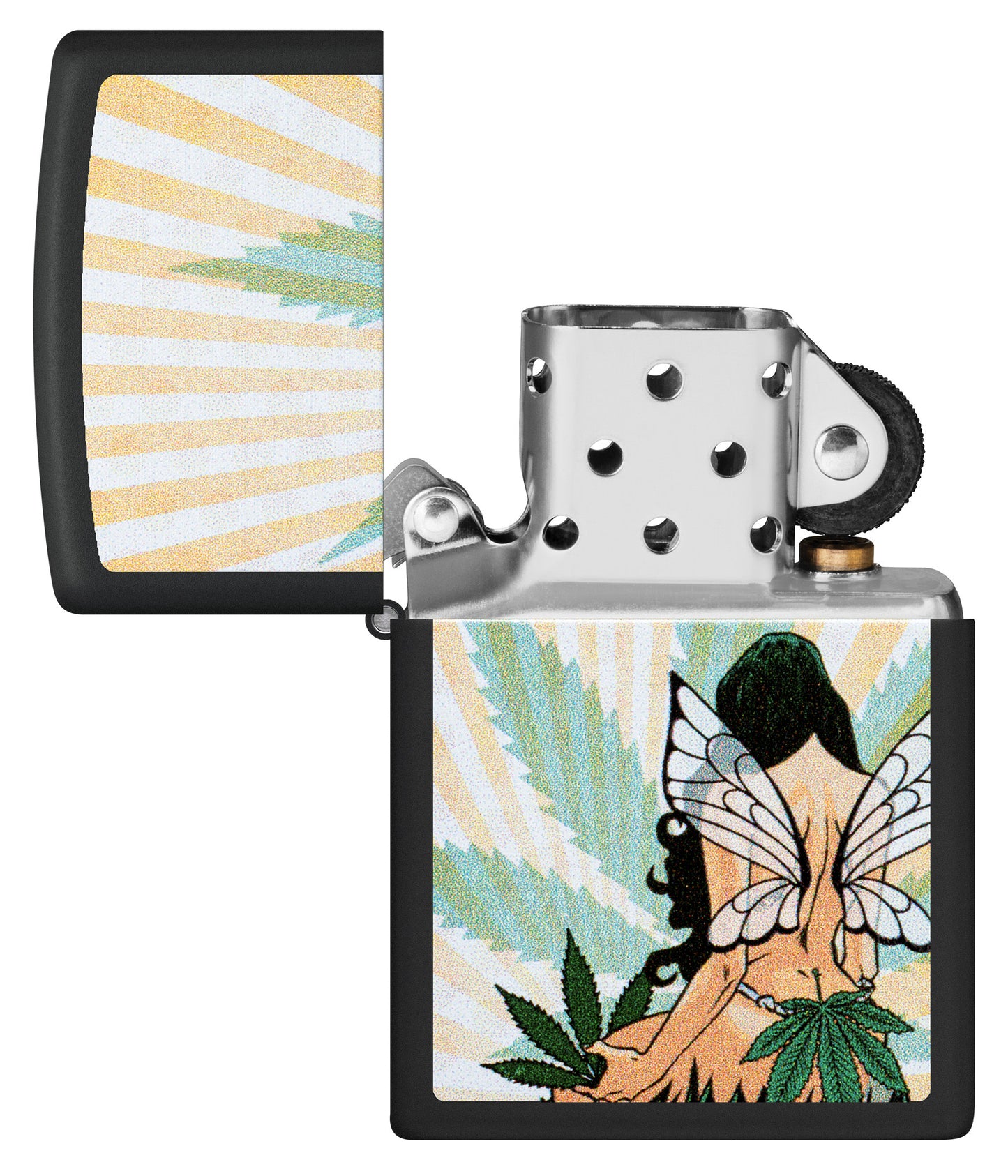 Zippo Cannabis Fairy Design Black Matte Windproof Lighter with its lid open and unlit.