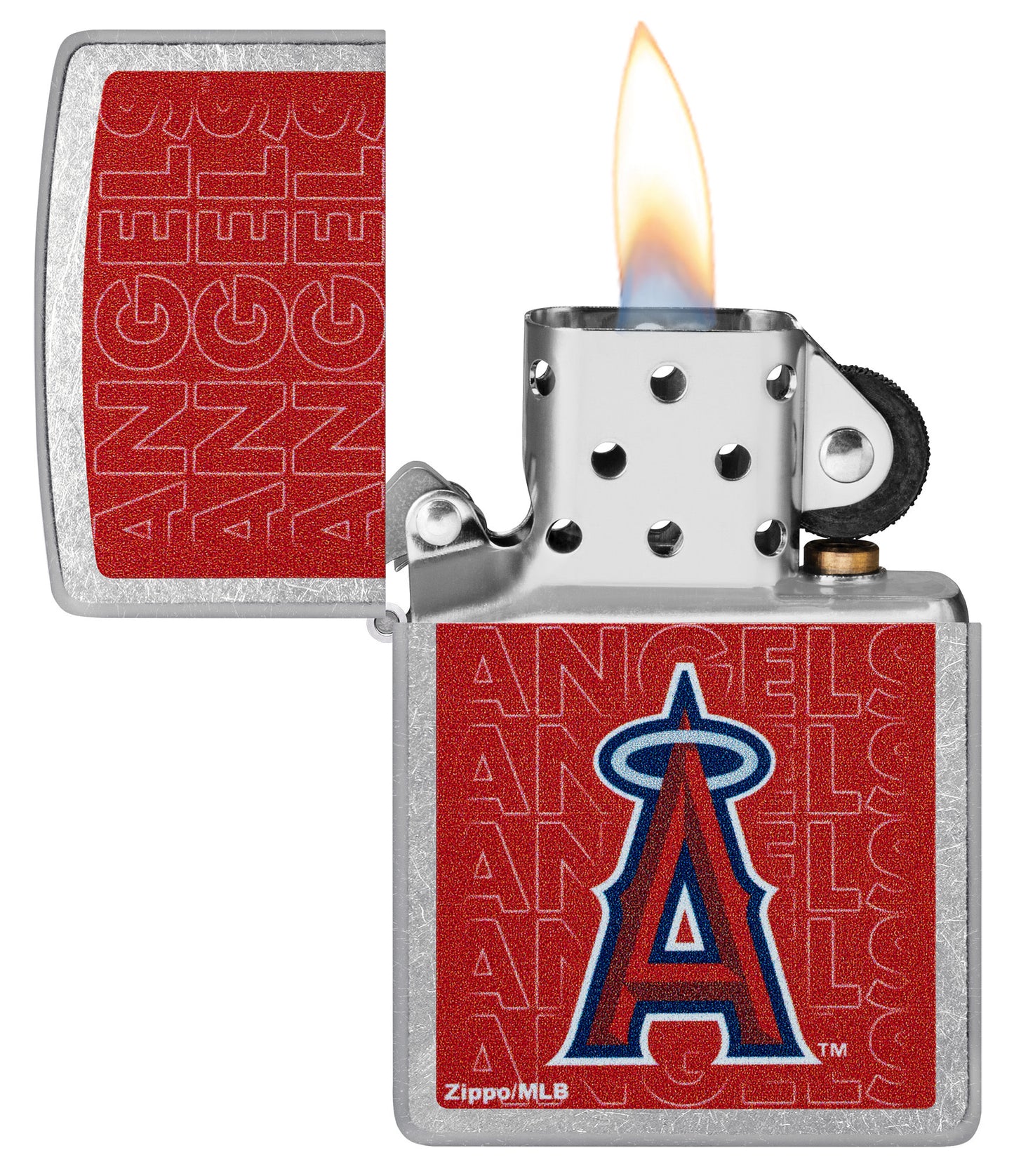 Zippo MLB® Los Angeles Angels Street Chrome Windproof Lighter with its lid open and lit.