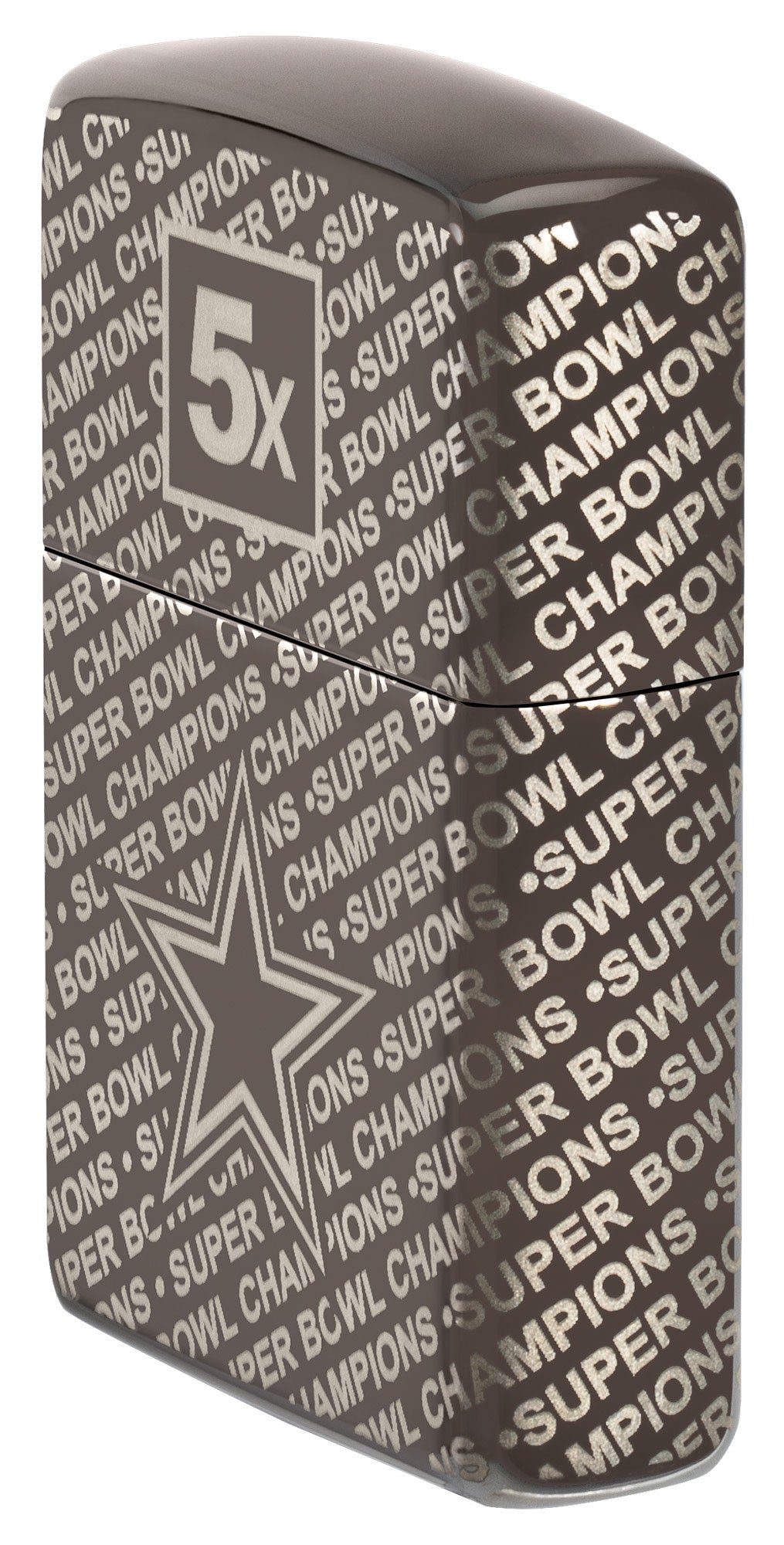 Angled shot of Zippo NFL Dallas Cowboys Super Bowl Commemorative Armor Black Ice Windproof Lighter showing the front and right side of the lighter.