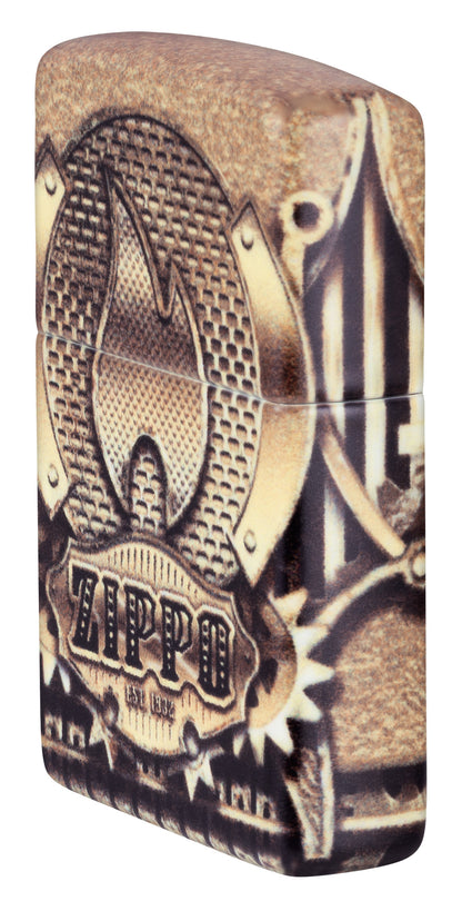 Front Side View of Zippo Glowing Gears Design Glow in the Dark Windproof Lighter at 3/4 angle