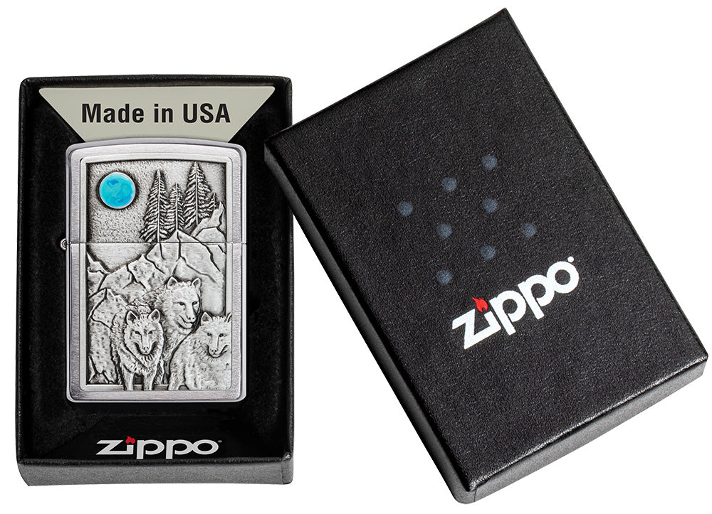 Wolf Pack and Moon Emblem Brushed Chrome Windproof Lighter