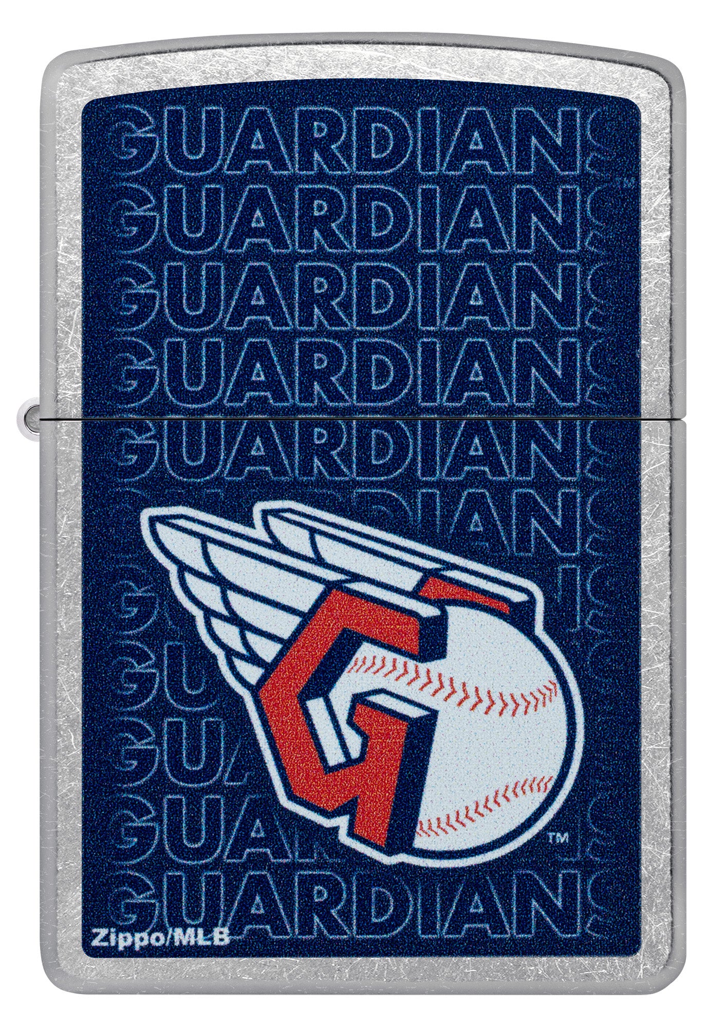 Front view of Zippo MLB® Cleveland Guardians Street Chrome Windproof Lighter.