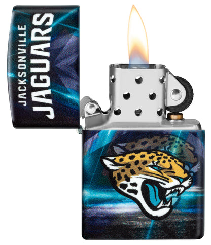 Zippo NFL Jacksonville Jaguars 540 Matte Windproof Lighter with its lid open and lit.