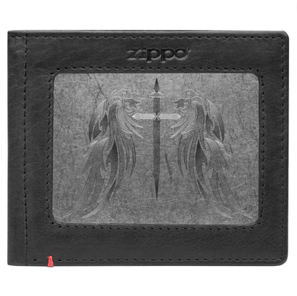 Front of black Leather Wallet With Cross Wings Metal Plate Design - ID Window