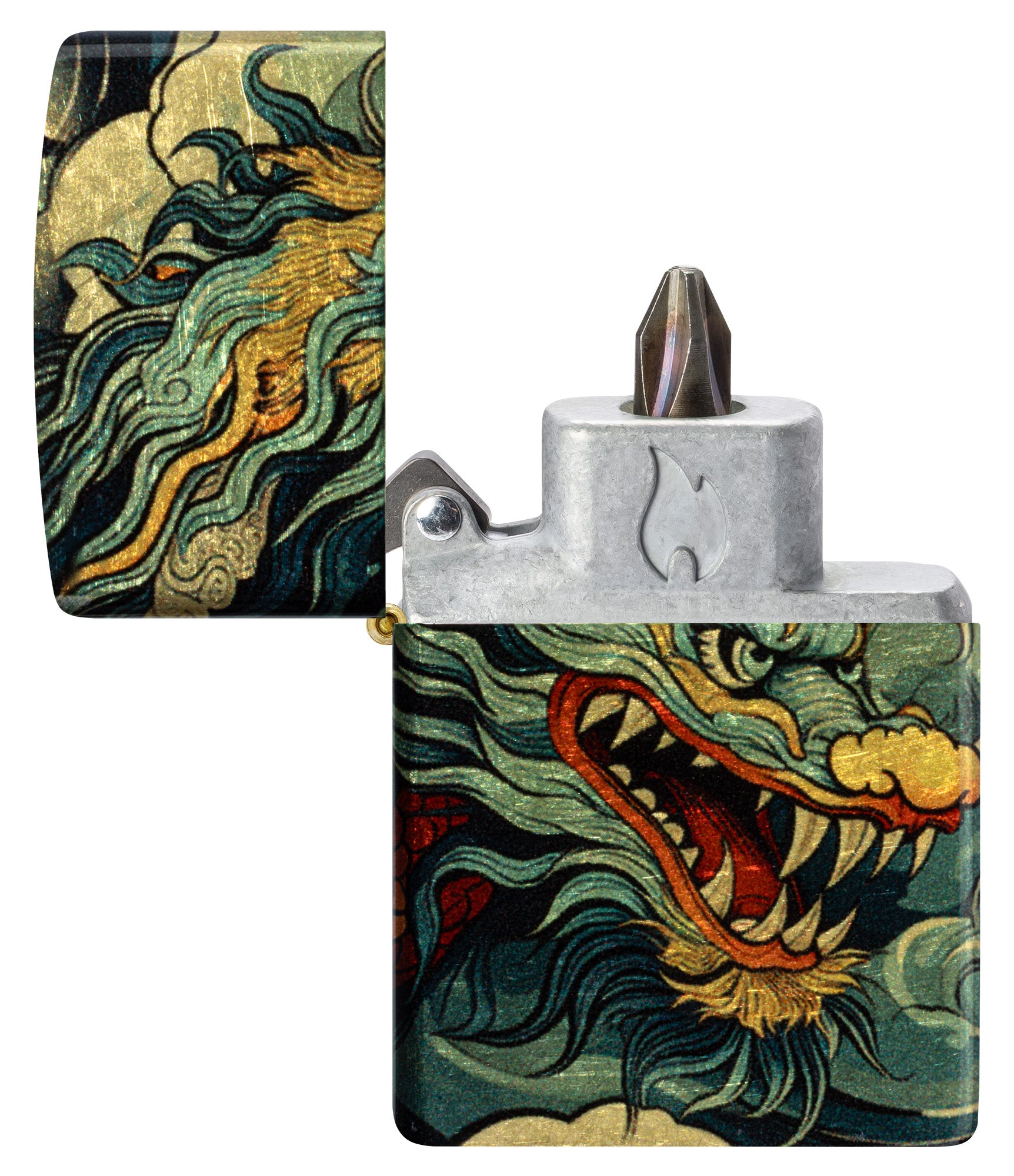 Dragon Fusion Design Windproof Lighter with its lid open and showing the Bit Safe Screwdriver USA. 